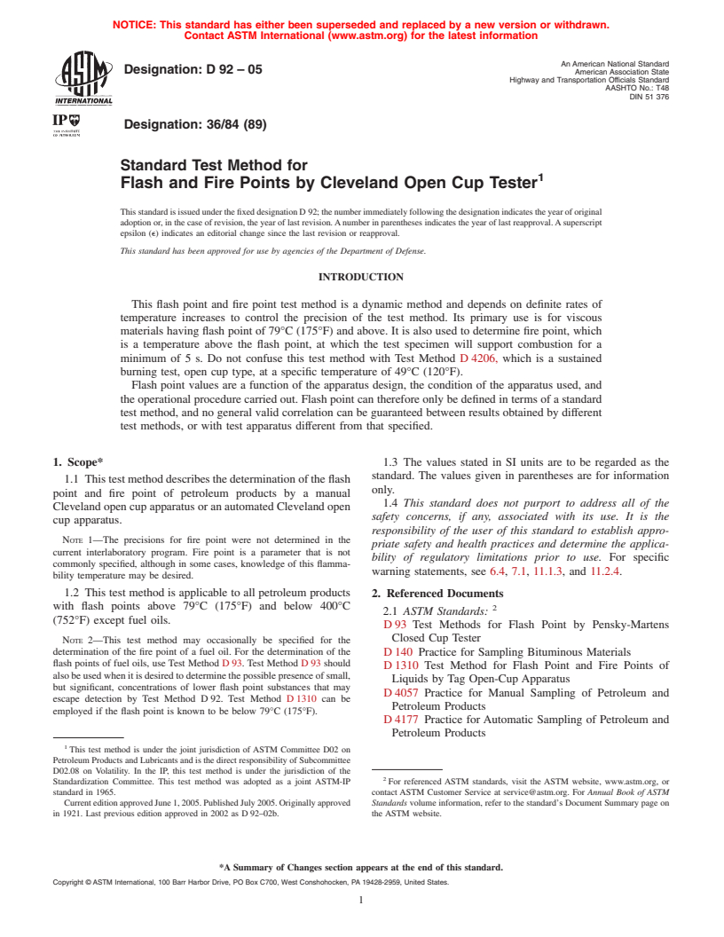 ASTM D92-05 - Standard Test Method for Flash and Fire Points by Cleveland Open Cup Tester