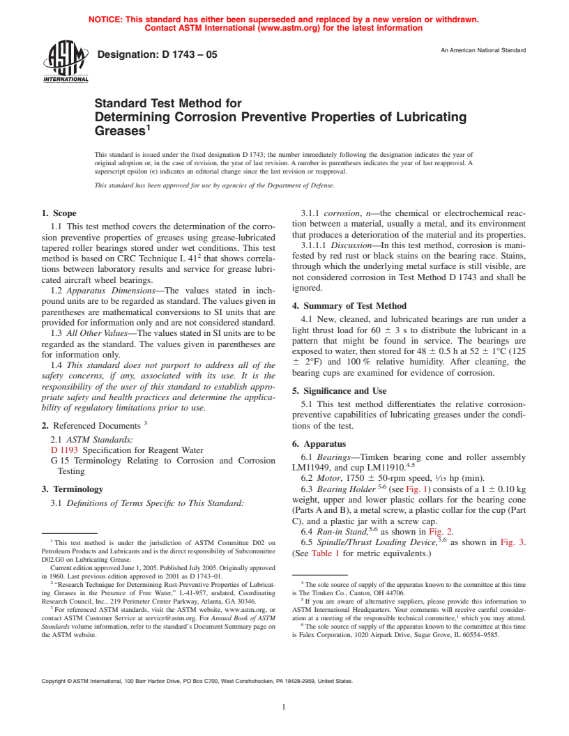 ASTM D1743-05 - Standard Test Method for Determining Corrosion Preventive Properties of Lubricating Greases