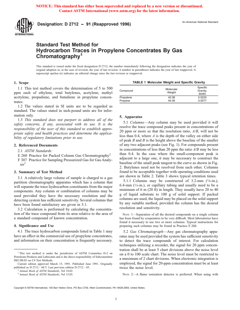 ASTM D2712-91(1996) - Standard Test Method for Hydrocarbon Traces in Propylene Concentrates By Gas Chromatography