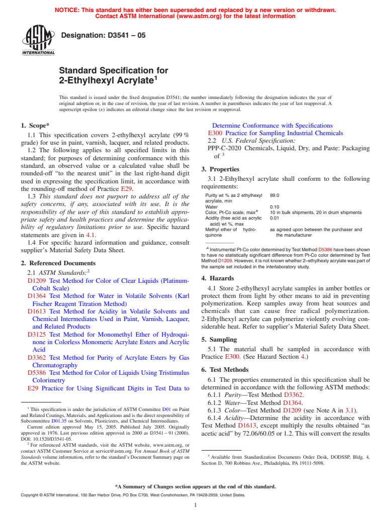 ASTM D3541-05 - Standard Specification for 2-Ethylhexyl Acrylate