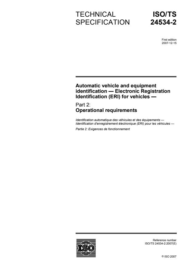 ISO/TS 24534-2:2007 - Automatic vehicle and equipment identification -- Electronic Registration Identification (ERI) for vehicles