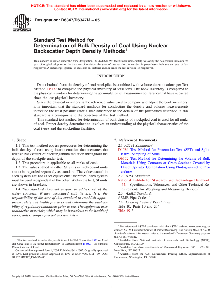 ASTM D6347/D6347M-05 - Standard Test Method for Determination of Bulk Density of Coal Using Nuclear Backscatter Depth Density Methods