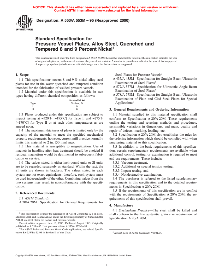 ASTM A553/A553M-95(2000) - Standard Specification for Pressure Vessel Plates, Alloy Steel, Quenched and Tempered 8 and 9 Percent Nickel