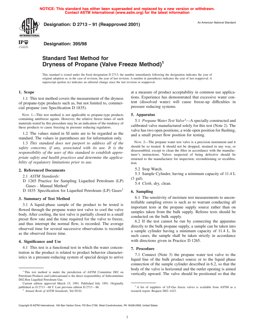 ASTM D2713-91(2001) - Standard Test Method for Dryness of Propane (Valve Freeze Method)