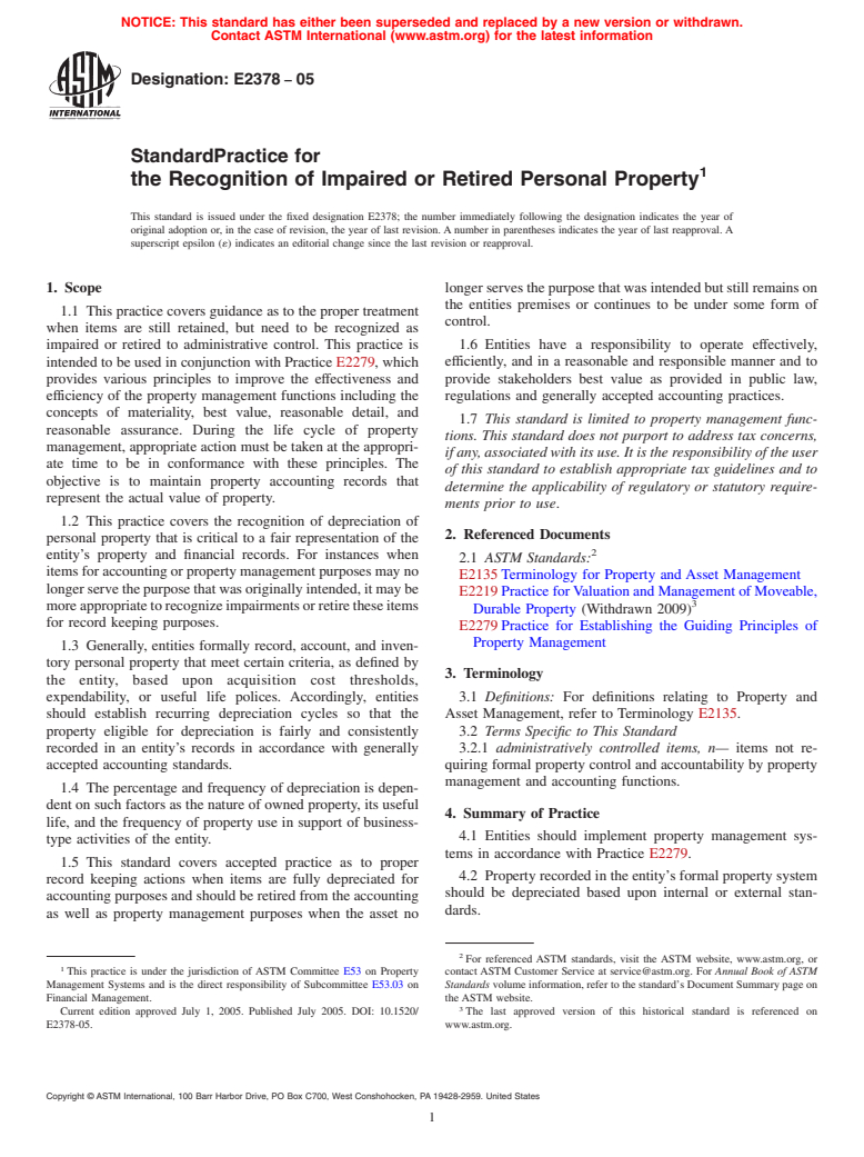 ASTM E2378-05 - Standard Practice for the Recognition of Impaired or Retired Personal Property