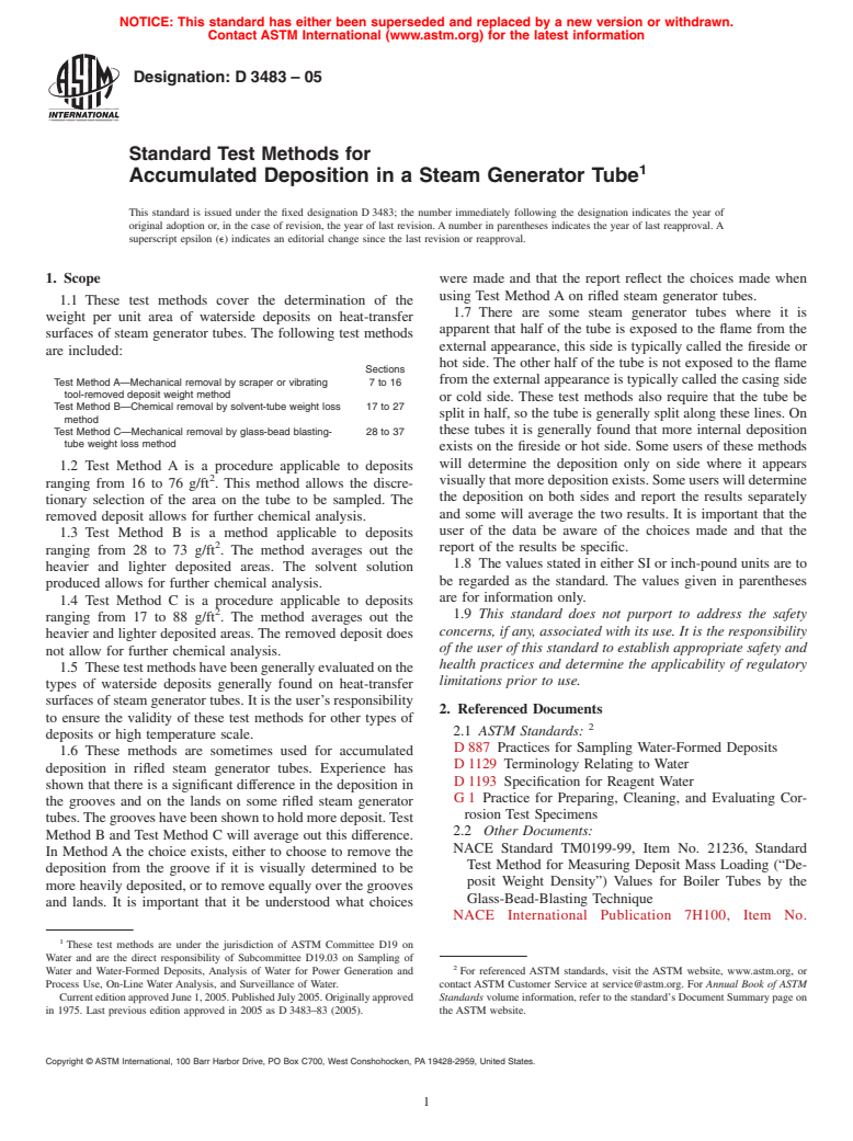 ASTM D3483-05 - Standard Test Methods for Accumulated Deposition in a Steam Generator Tube