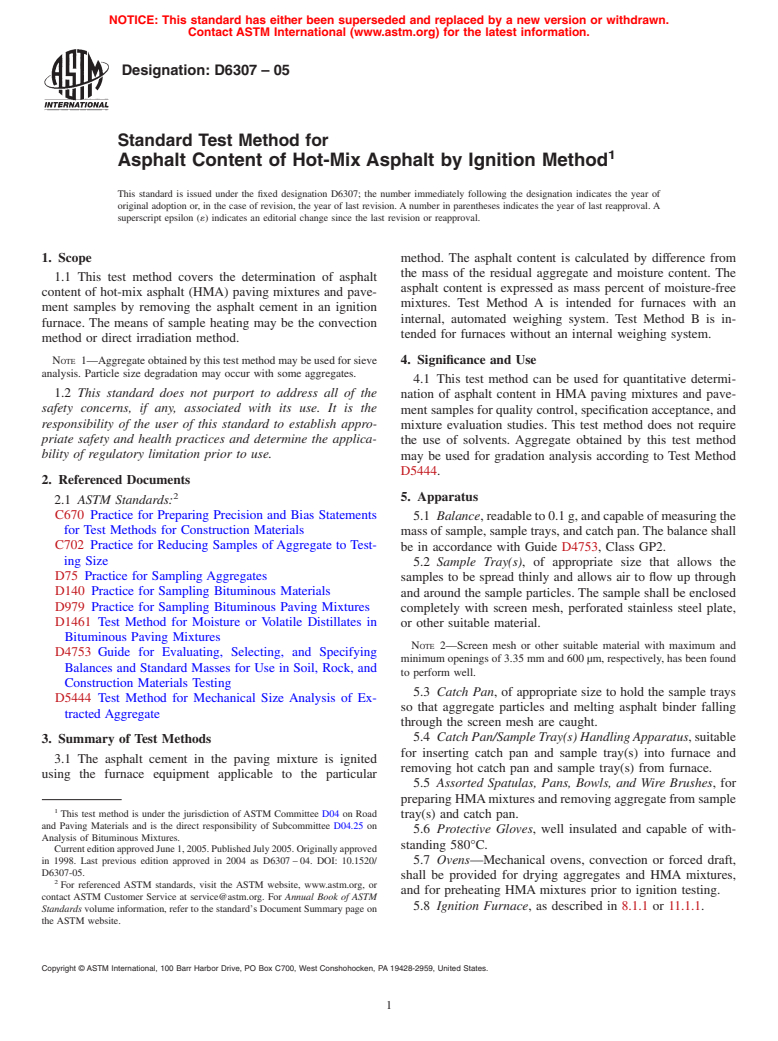 ASTM D6307-05 - Standard Test Method for Asphalt Content of Hot-Mix Asphalt by Ignition Method