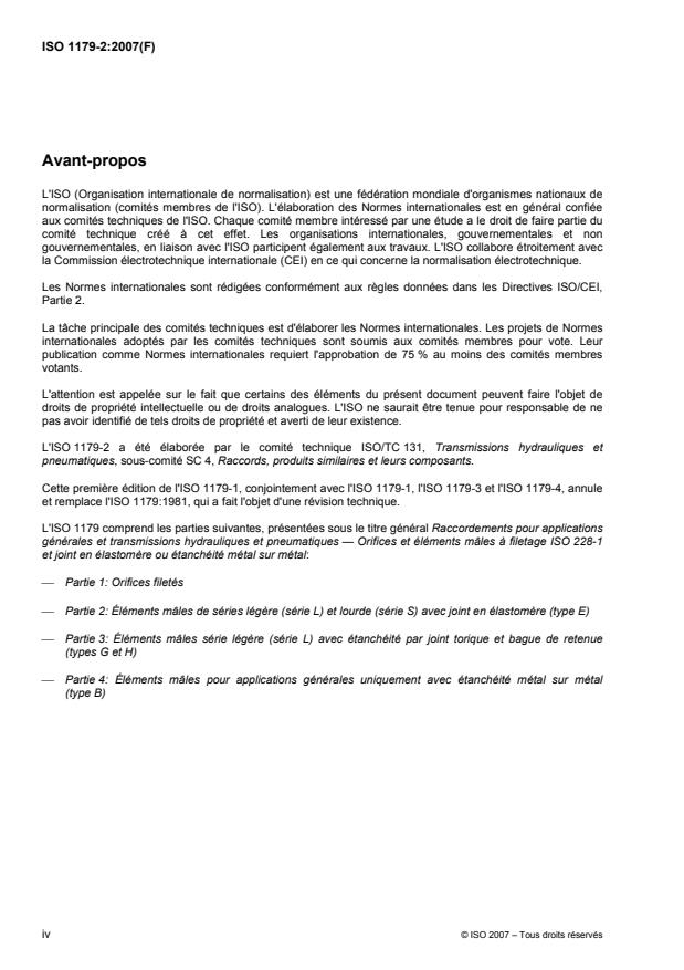 ISO 1179-2:2007 ISO 1179-2:2007 - Raccordements pour applications générales et transmissions hydrauliques et pneumatiques -- Orifices et éléments mâles a filetage ISO 228-1 et joint en élastomere ou étanchéité métal sur métal - Page 4 preview