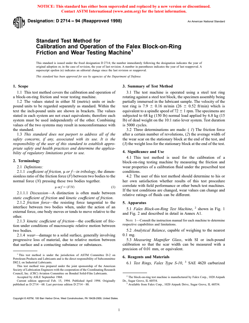 ASTM D2714-94(1998) - Standard Test Method for Calibration and Operation of the Falex Block-on-Ring Friction and Wear Testing Machine