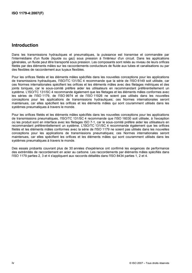 ISO 1179-4:2007 ISO 1179-4:2007 - Raccordements pour applications générales et transmissions hydrauliques et pneumatiques -- Orifices et éléments mâles a filetage ISO 228-1 et joint en élastomere ou étanchéité métal sur métal - Page 4 preview