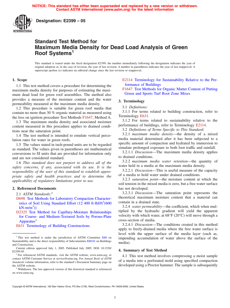 ASTM E2399-05 - Standard Test Method for Maximum Media Density for Dead Load Analysis of Green Roof Systems