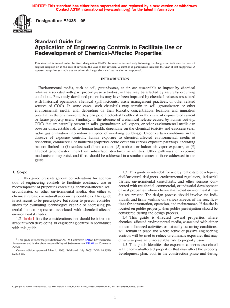 ASTM E2435-05 - Standard Guide for Application of Engineering Controls to Facilitate Use or Redevelopment of Chemical-Affected Properties