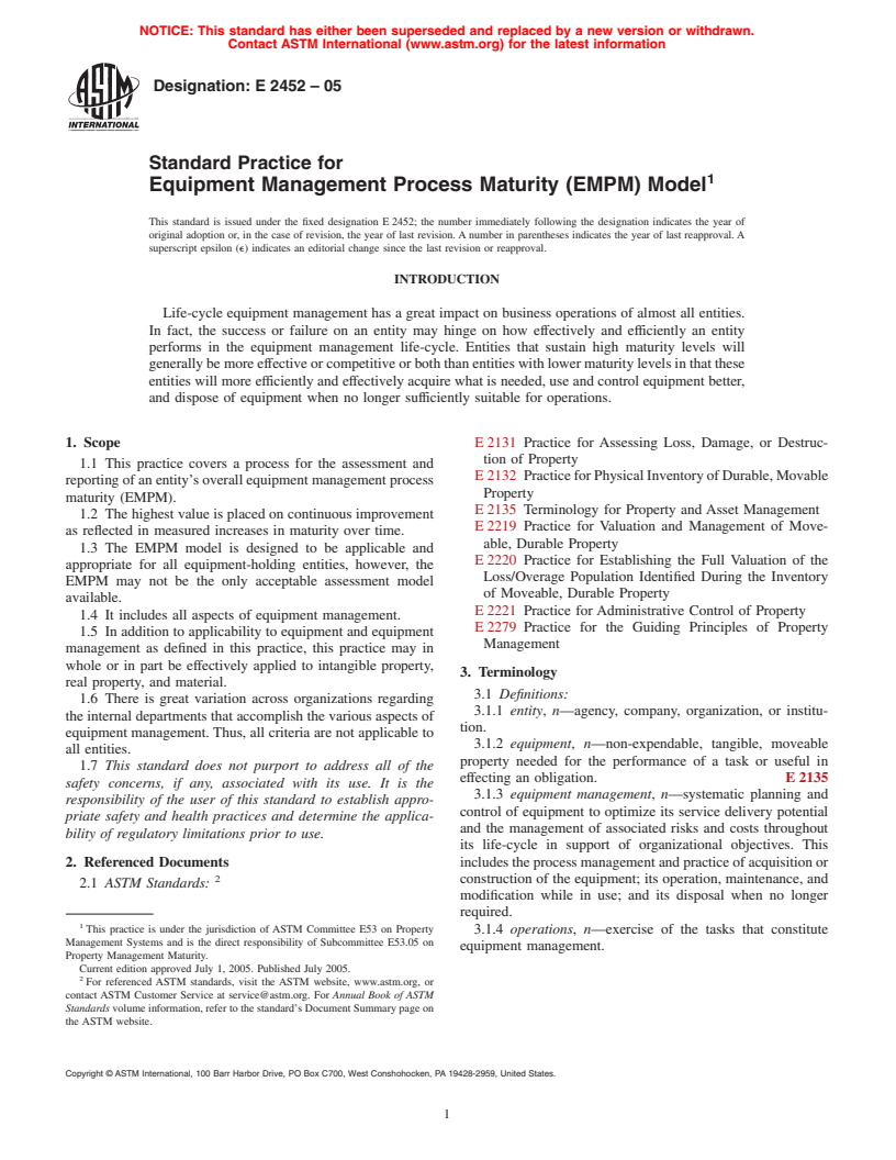 ASTM E2452-05 - Standard Practice for Equipment Management Process Maturity (EMPM) Model