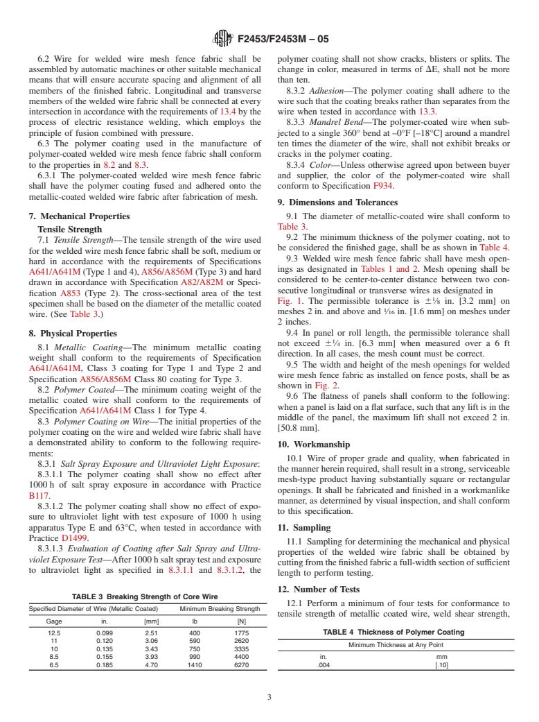 ASTM F2453/F2453M-05 - Standard Specification for Welded Wire Mesh Fence Fabric (Metallic-Coated or Polymer Coated) for Meshes of 6 in.<sup>2</sup>  [3871 mm<sup>2</sup>] or Less, in Panels or Rolls, with Uniform Meshes