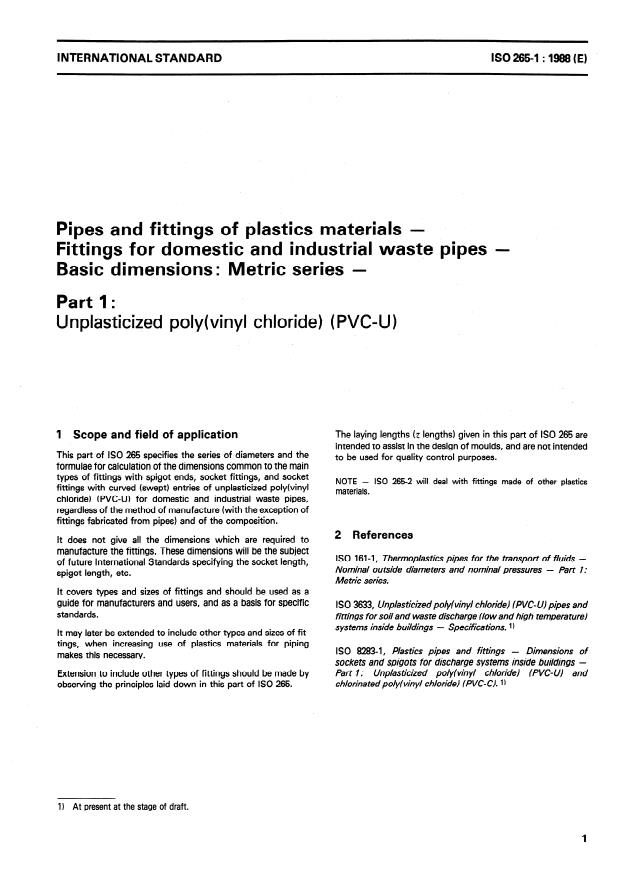ISO 265-1:1988 - Pipes and fittings of plastics materials -- Fittings for domestic and industrial waste pipes -- Basic dimensions: Metric series