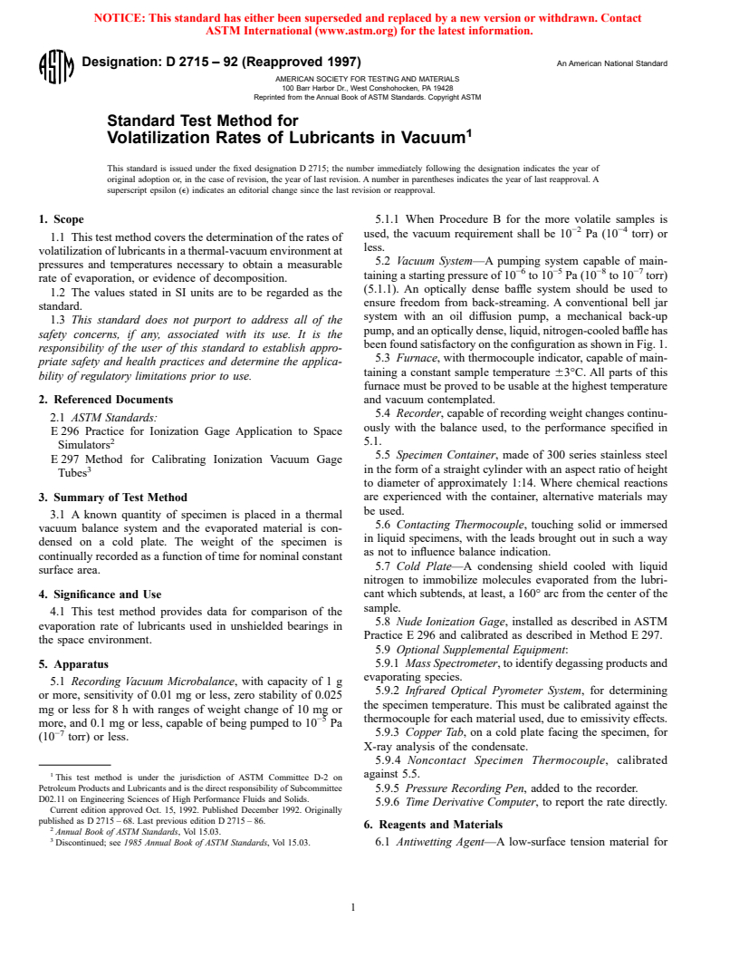 ASTM D2715-92(1997) - Standard Test Method for Volatilization Rates of Lubricants in Vacuum