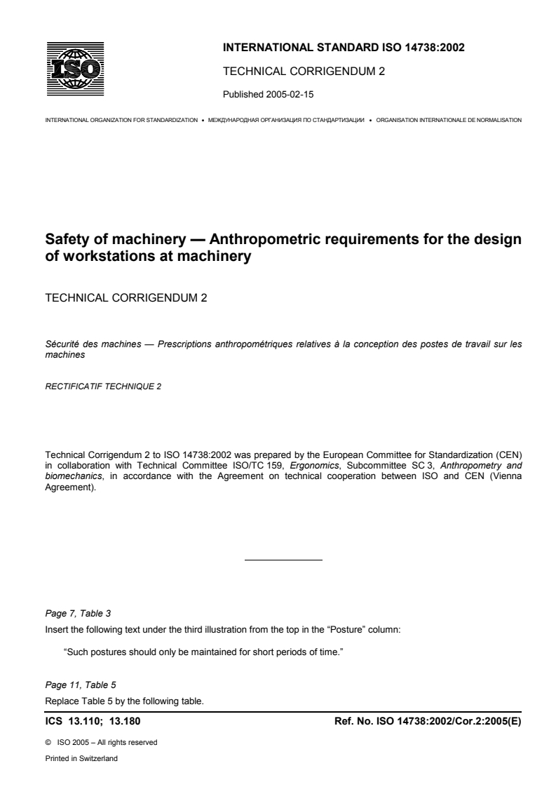 ISO 14738:2002/Cor 2:2005 - Safety of machinery — Anthropometric requirements for the design of workstations at machinery — Technical Corrigendum 2
Released:2/25/2005