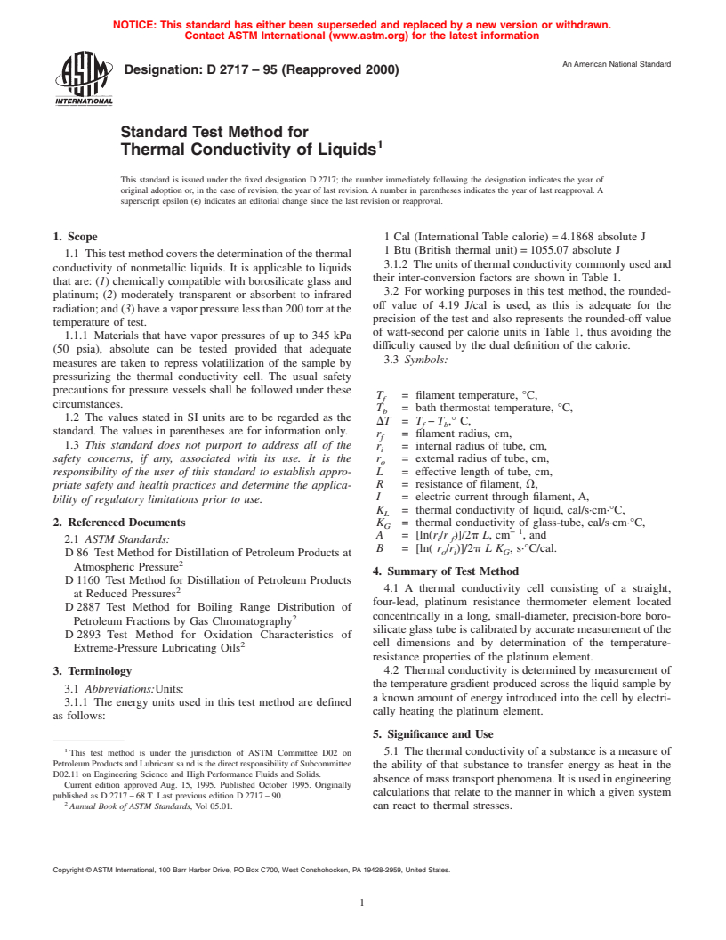 ASTM D2717-95(2000) - Standard Test Method for Thermal Conductivity of Liquids