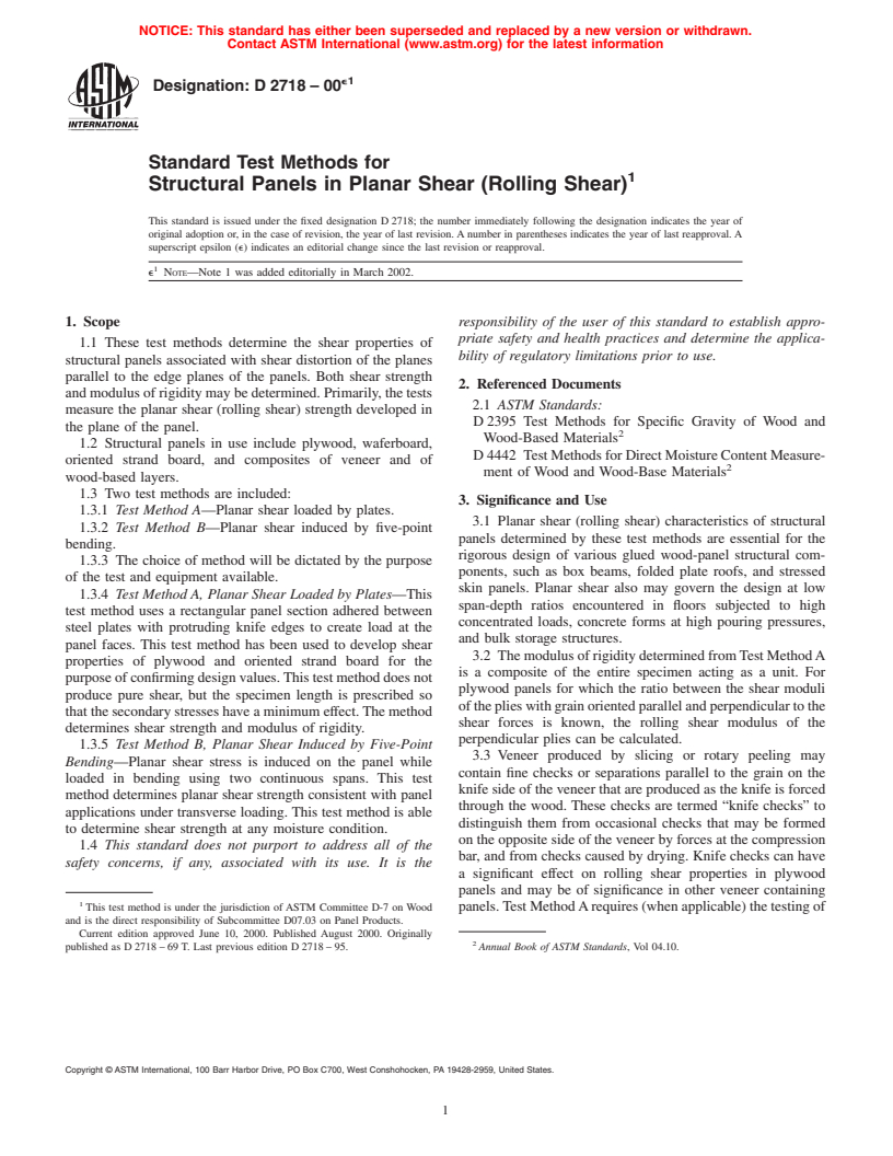 ASTM D2718-00e1 - Standard Test Methods for Structural Panels in Planar Shear (Rolling Shear)