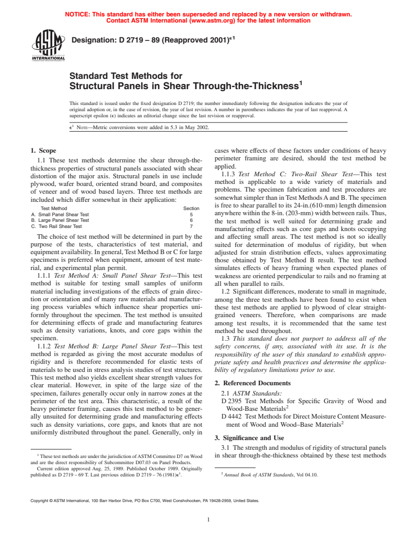 ASTM D2719-89(2001)e1 - Standard Test Methods for Structural Panels in Shear Through-the-Thickness