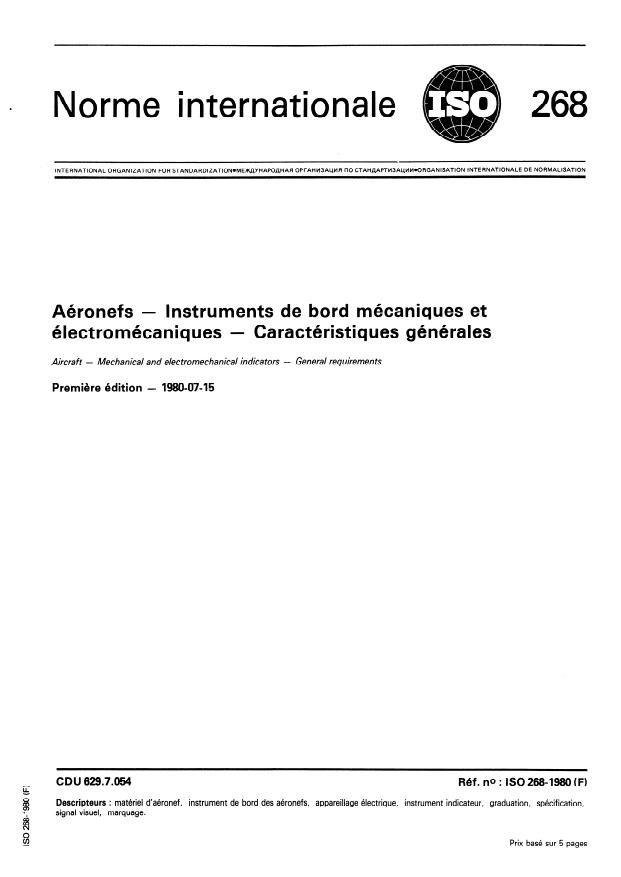 ISO 268:1980 - Aéronefs -- Instruments de bord mécaniques et électromécaniques -- Caractéristiques générales