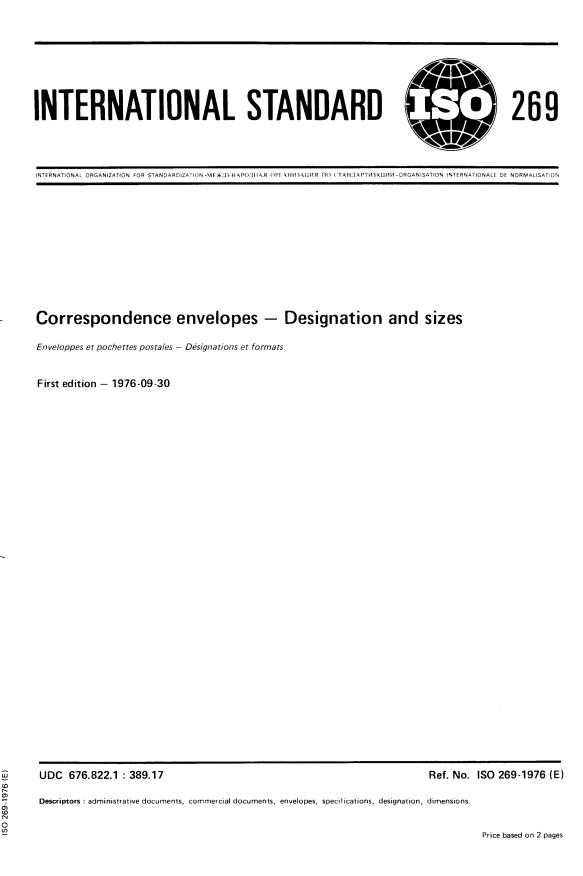 ISO 269:1976 - Correspondence envelopes -- Designation and sizes