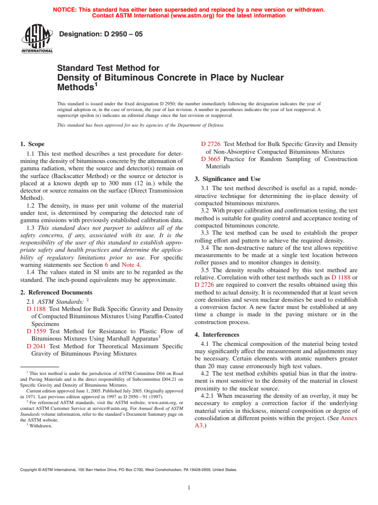 ASTM D2950-05 - Standard Test Method for Density of Bituminous Concrete in Place by Nuclear Methods