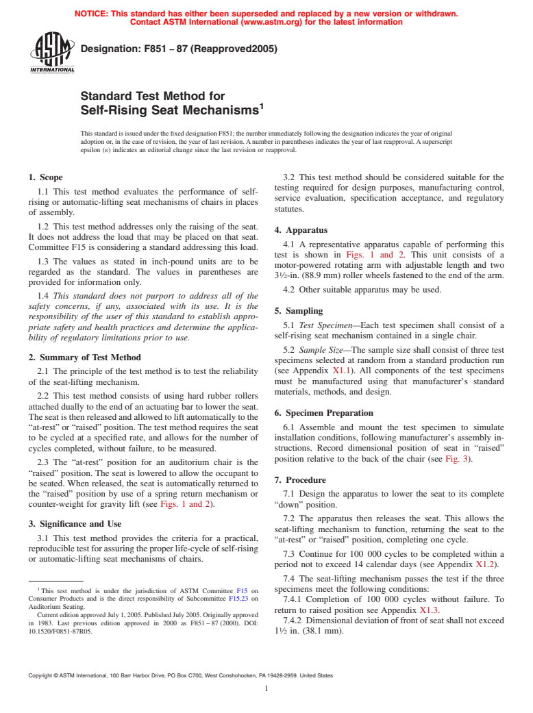 ASTM F851-87(2005) - Standard Test Method for Self-Rising Seat Mechanisms