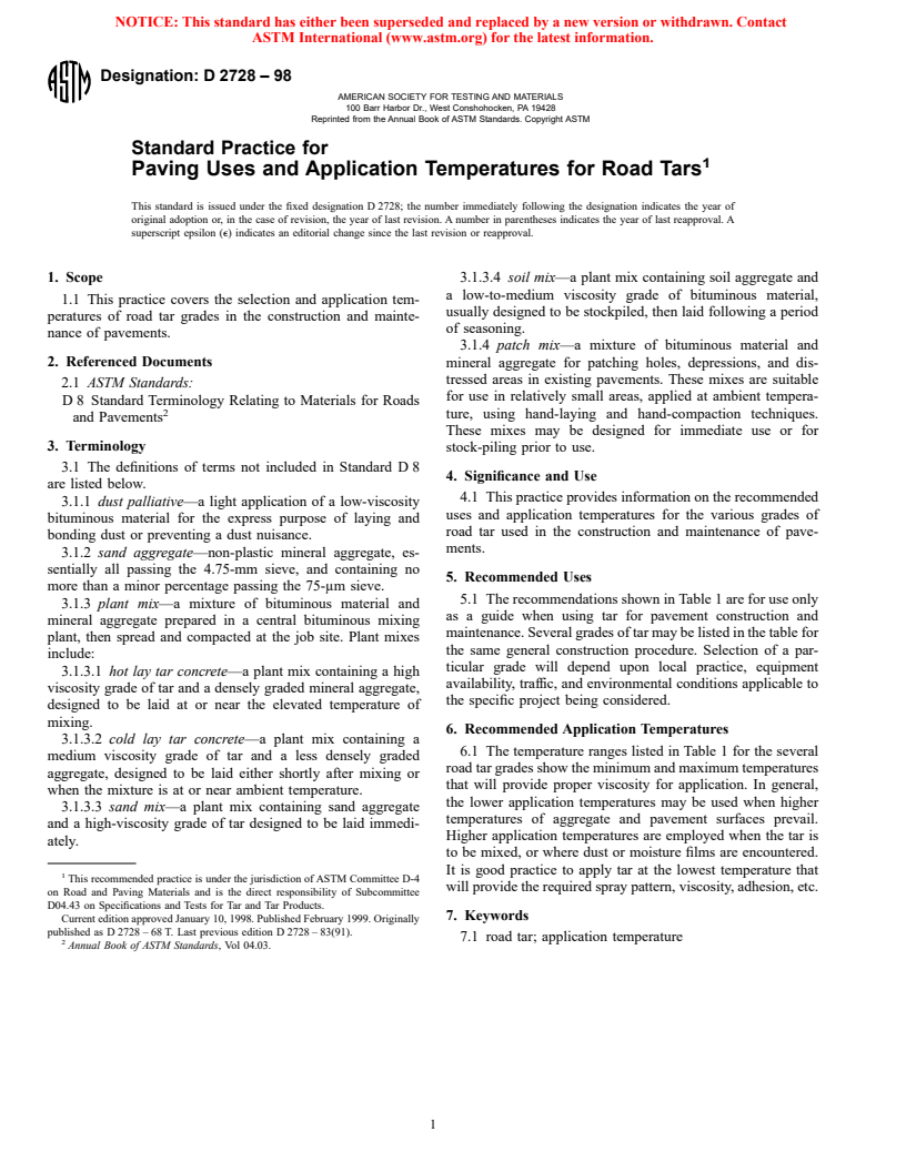 ASTM D2728-98 - Standard Practice for Paving Uses and Application Temperatures for Road Tars