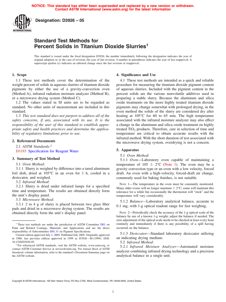 ASTM D3926-05 - Standard Test Methods for Percent Solids in Titanium Dioxide Slurries