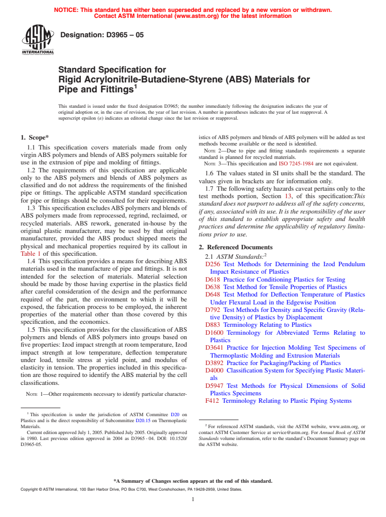 ASTM D3965-05 - Standard Specification for Rigid Acrylonitrile-Butadiene-Styrene (ABS) Materials for Pipe and Fittings