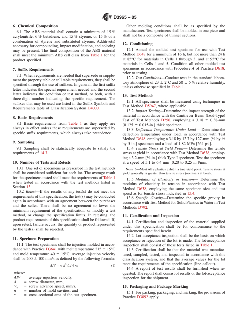 ASTM D3965-05 - Standard Specification for Rigid Acrylonitrile-Butadiene-Styrene (ABS) Materials for Pipe and Fittings