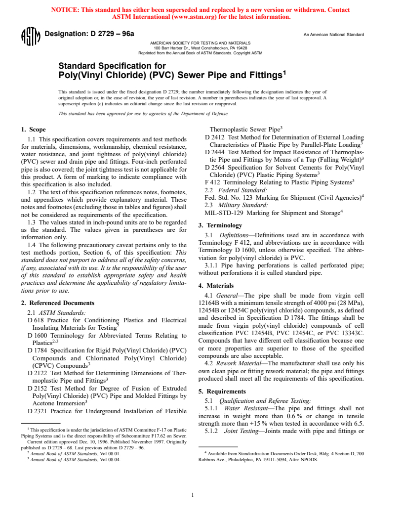 ASTM D2729-96a - Standard Specification for Poly(Vinyl Chloride) (PVC) Sewer Pipe and Fittings