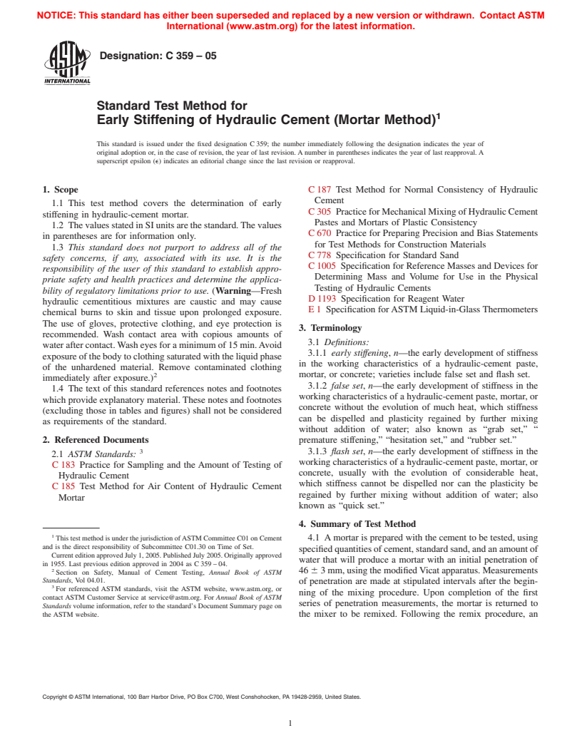 ASTM C359-05 - Standard Test Method for Early Stiffening of Hydraulic Cement (Mortar Method)