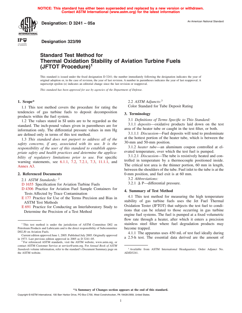 ASTM D3241-05a - Standard Test Method for Thermal Oxidation Stability of Aviation Turbine Fuels (JFTOT Procedure)