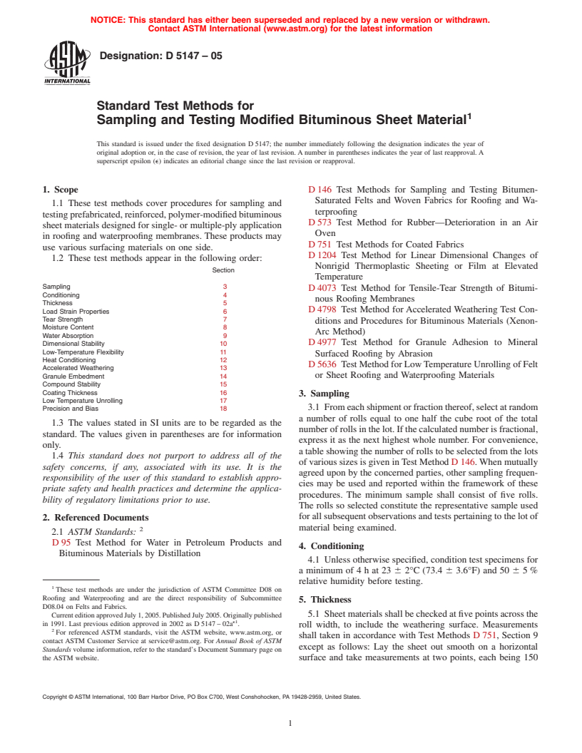 ASTM D5147-05 - Standard Test Methods for Sampling and Testing Modified Bituminous Sheet Material