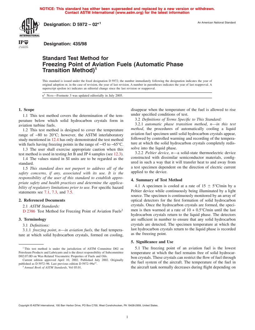 ASTM D5972-02e1 - Standard Test Method for Freezing Point of Aviation Fuels (Automatic Phase Transition Method)