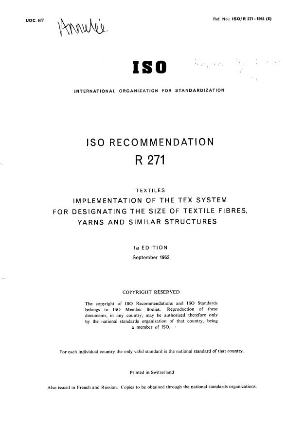 ISO/R 271:1962 - Withdrawal of ISO/R 271-1962