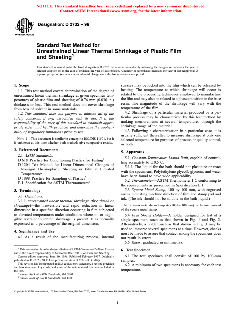 ASTM D2732-96 - Standard Test Method for Unrestrained Linear Thermal Shrinkage of Plastic Film and Sheeting