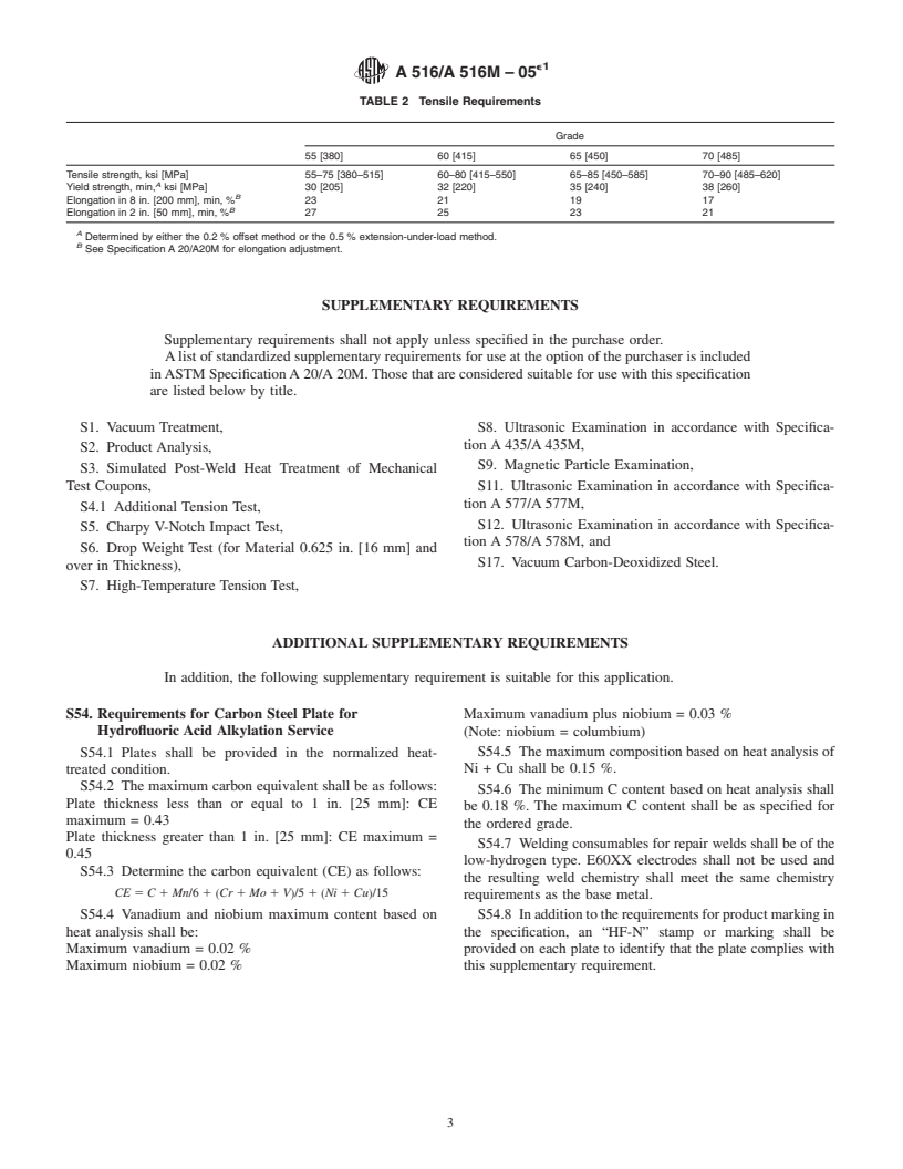 ASTM A516/A516M-05e1 - Standard Specification for Pressure Vessel Plates, Carbon Steel, for Moderate- and Lower-Temperature Service