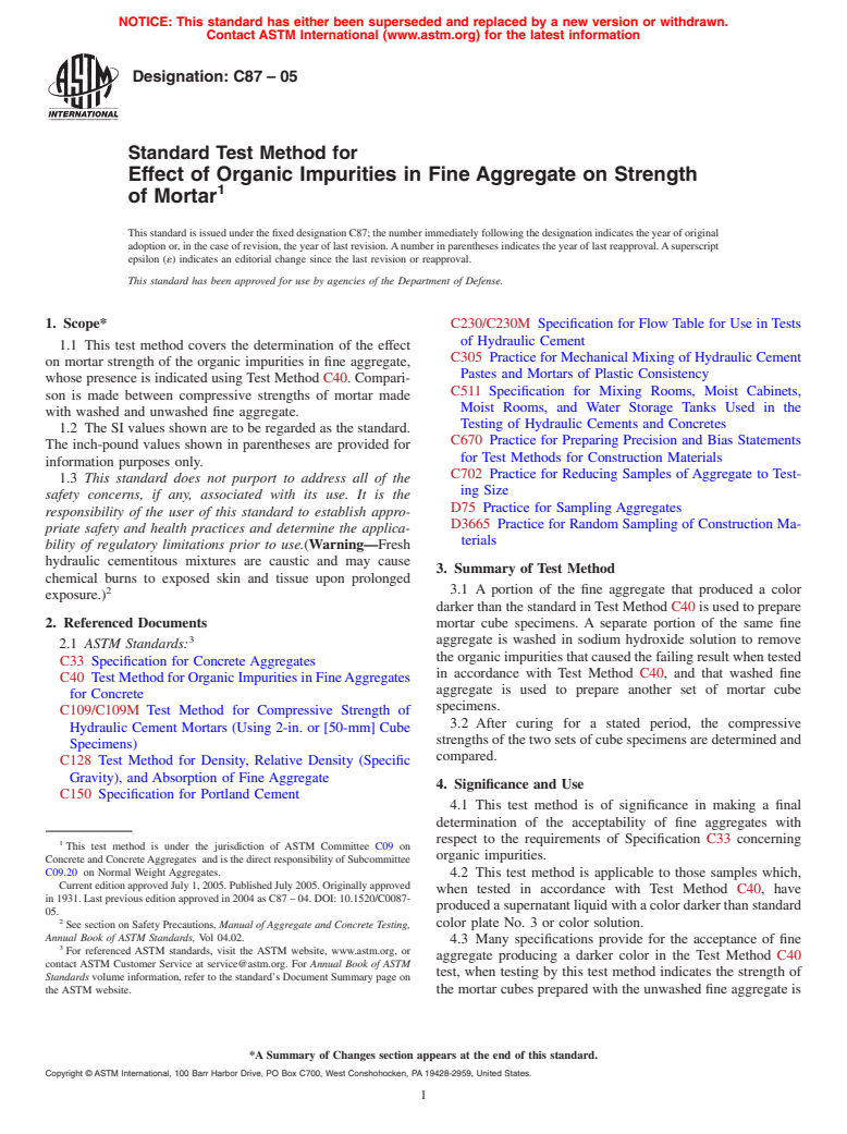 ASTM C87-05 - Standard Test Method for Effect of Organic Impurities in Fine Aggregate on Strength of Mortar