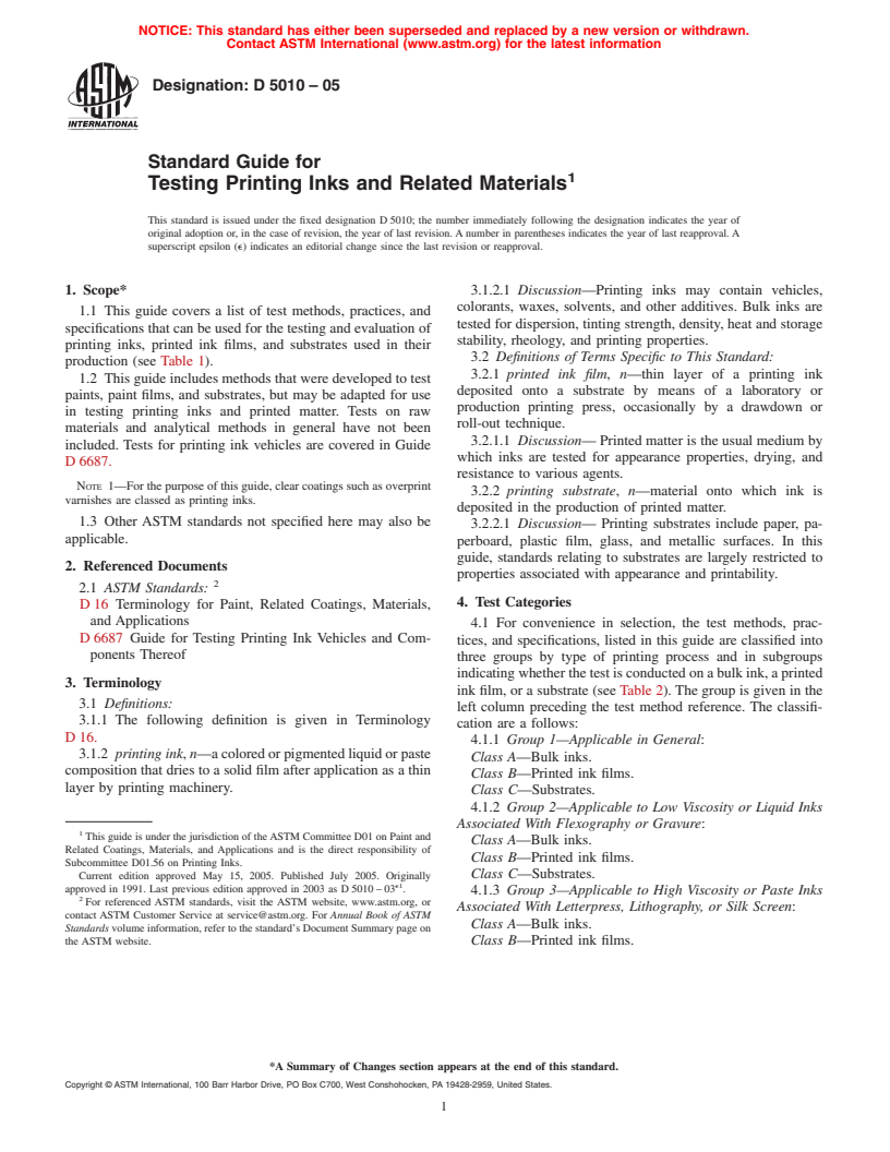 ASTM D5010-05 - Standard Guide for Testing Printing Inks and Related Materials