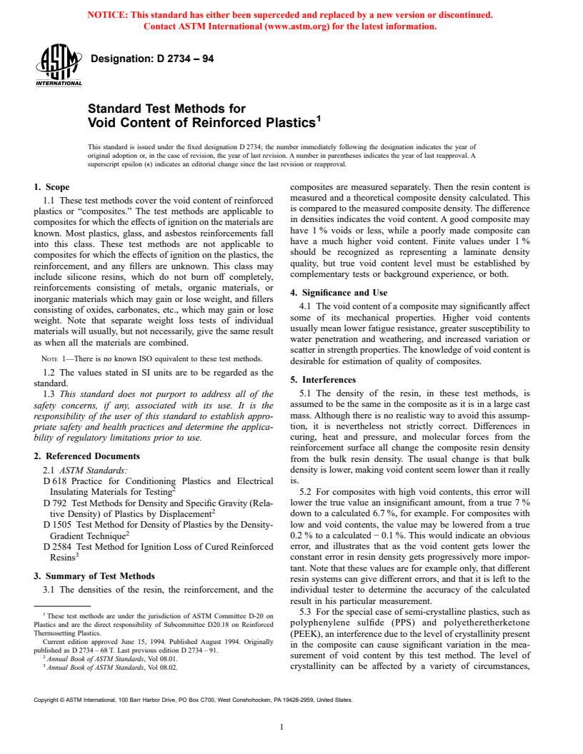 ASTM D2734-94 - Standard Test Methods for Void Content of Reinforced Plastics