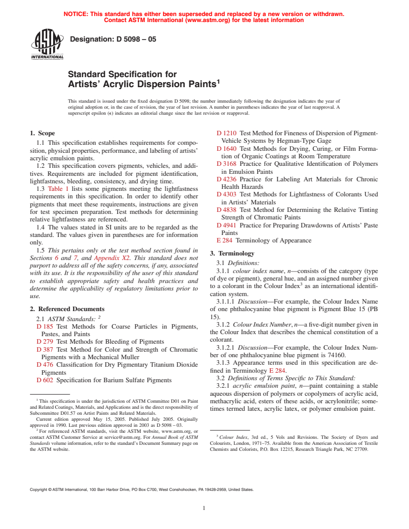 ASTM D5098-05 - Standard Specification for Artists' Acrylic Dispersion Paints