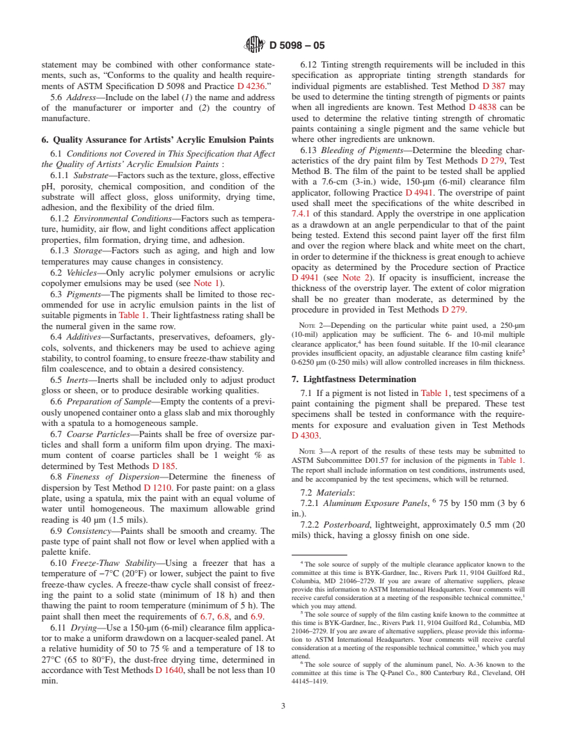 ASTM D5098-05 - Standard Specification for Artists' Acrylic Dispersion Paints