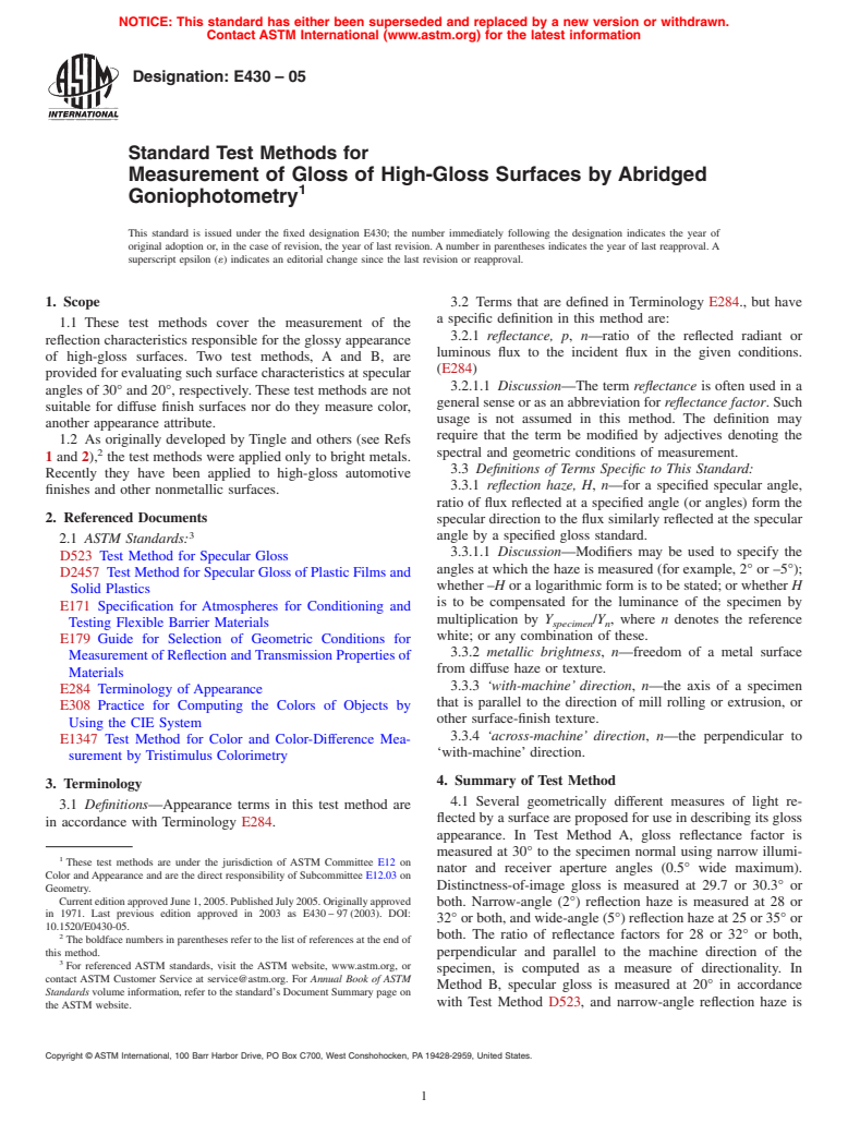 ASTM E430-05 - Standard Test Methods for Measurement of Gloss of High-Gloss Surfaces by Abridged Goniophotometry