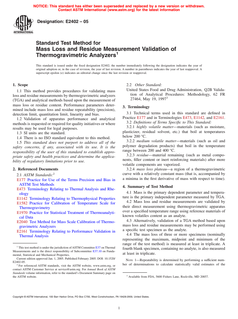 ASTM E2402-05 - Standard Test Method for Mass Loss and Residue Measurement Validation of Thermogravimetric Analyzers