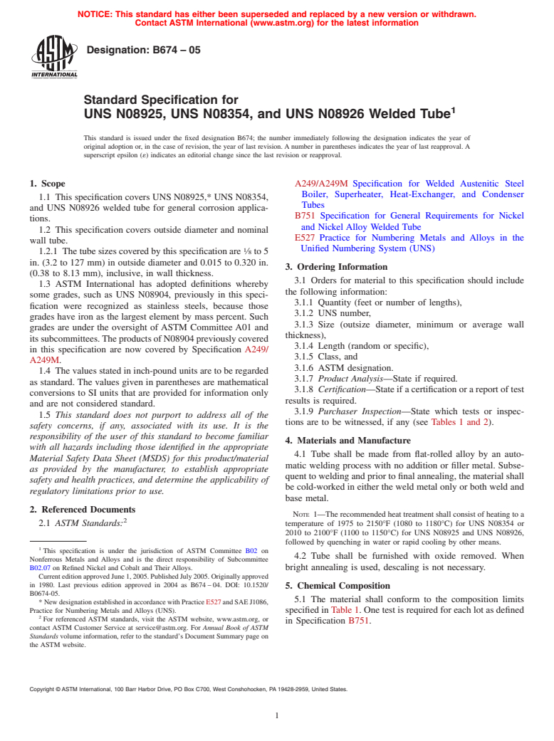 ASTM B674-05 - Standard Specification for UNS N08925, UNS N08354, and UNS N08926 Welded Tube