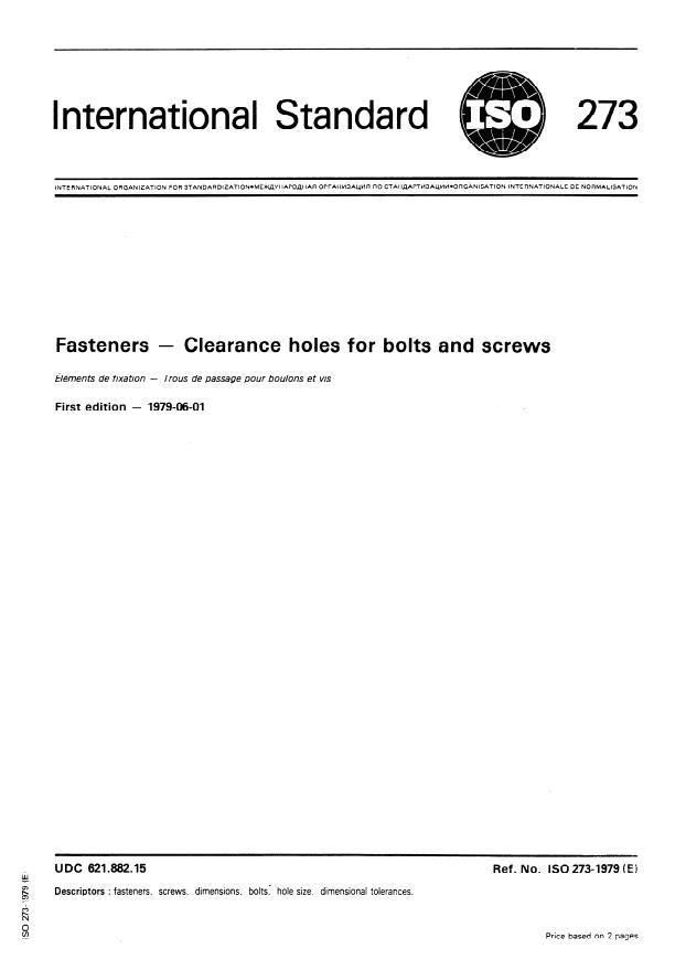 ISO 273:1979 - Fasteners -- Clearance holes for bolts and screws