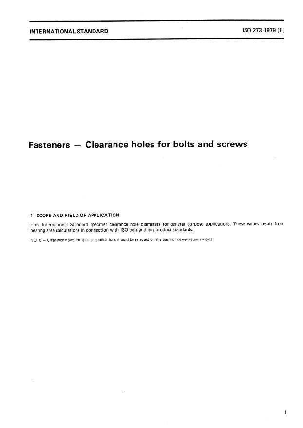 ISO 273:1979 - Fasteners -- Clearance holes for bolts and screws